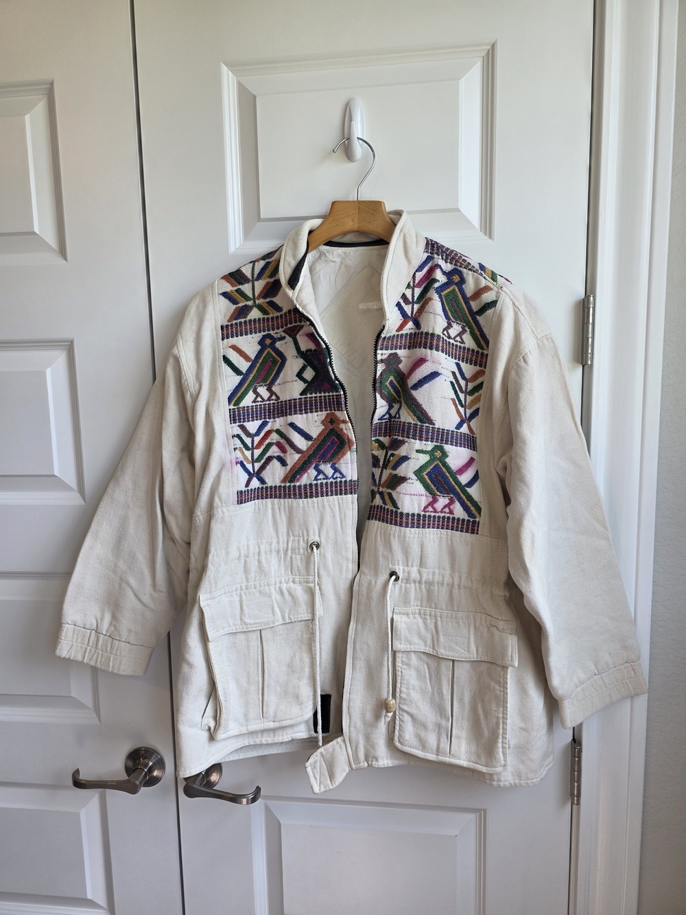 Embroidered Bird Canvas Utility Jacket XL - 1X Boho Folk Art Cinch Waist